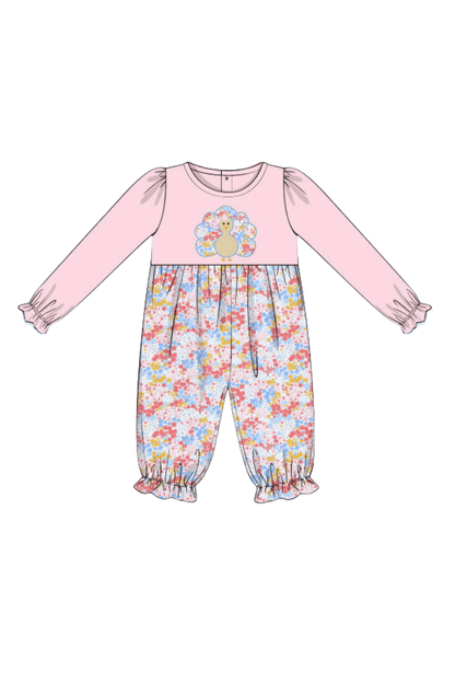 The Smocked Flamingo Apparel & Accessories Pre-Order Applique Turkey Pink Floral Romper