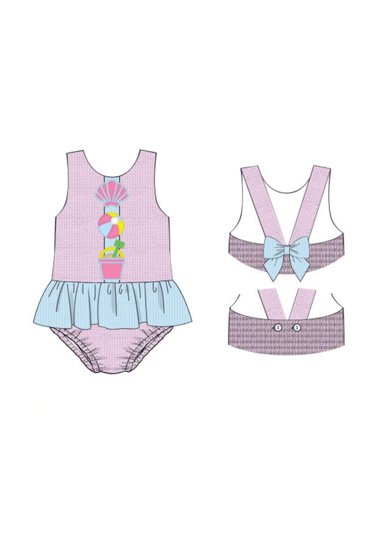 The Smocked Flamingo Apparel & Accessories Pre-Order Beach Side Fun Pink Seersucker Swimsuit