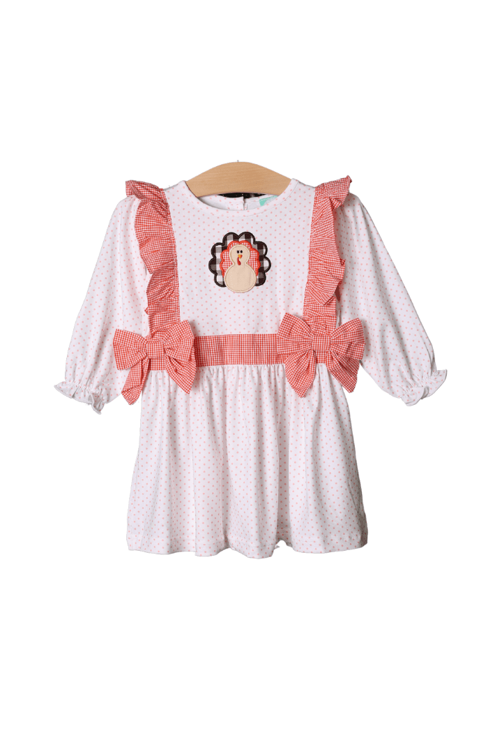 The Smocked Flamingo Apparel & Accessories Pre-Order Bitty Dot/Orange Gingham Applique Turkey Dress