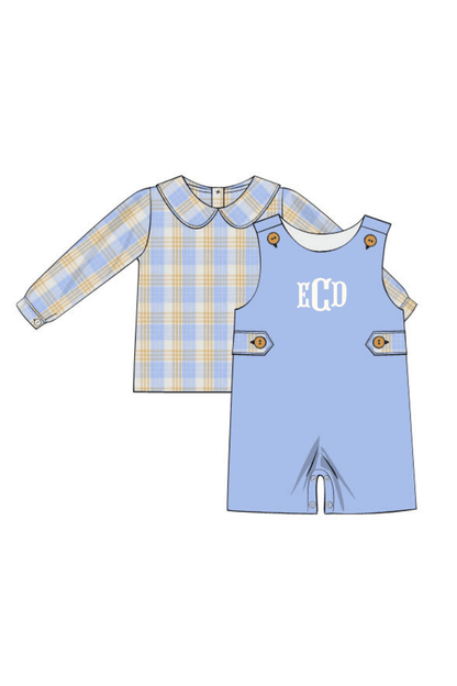 The Smocked Flamingo Apparel & Accessories Pre-Order Blue and Orange Plaid Corduroy Jon Jon 2 Pc. Set