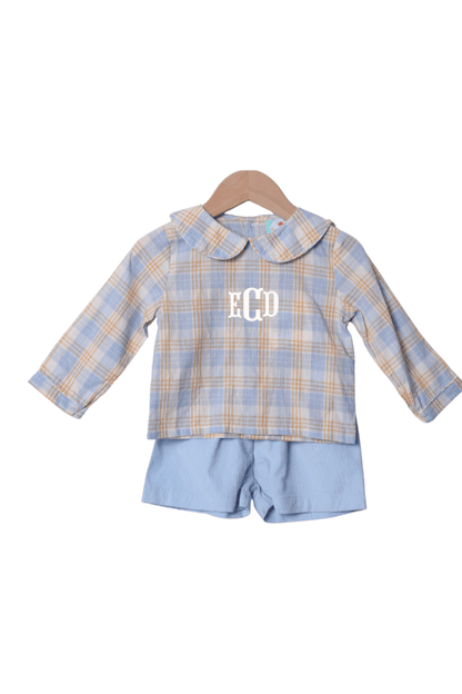 The Smocked Flamingo Apparel & Accessories Pre-Order Blue and Orange Plaid Corduroy Short Set