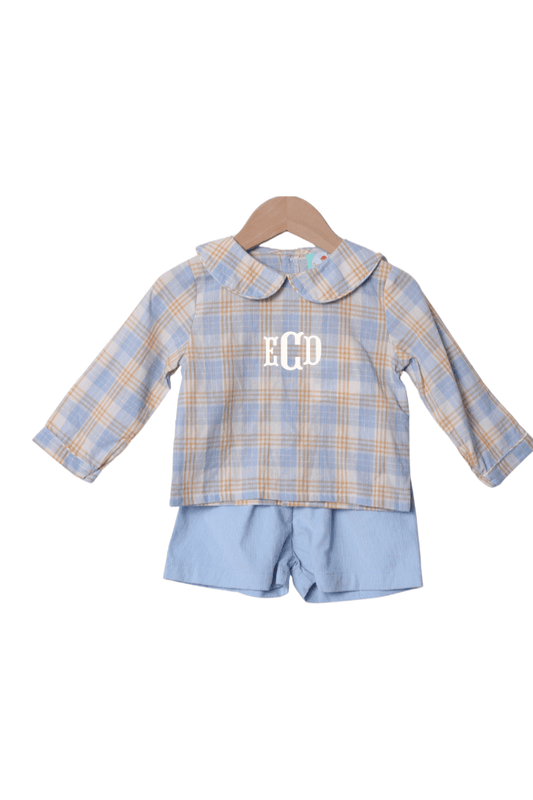 The Smocked Flamingo Apparel & Accessories Pre-Order Blue and Orange Plaid Corduroy Short Set