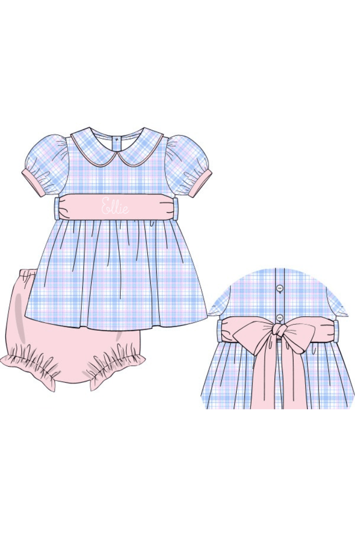 The Smocked Flamingo Apparel & Accessories Pre-Order Blue and Pink Plaid Peter Pan Collar Bloomer Set
