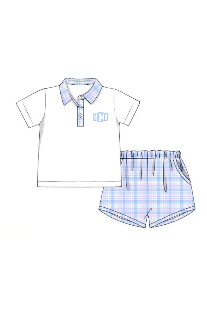 The Smocked Flamingo Apparel & Accessories Pre-Order Blue and Pink Plaid Polo Short Set