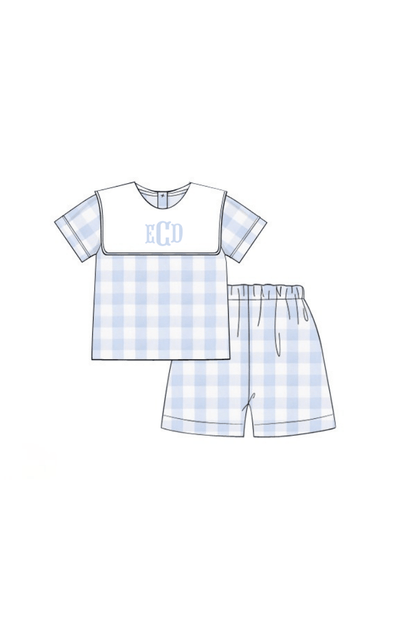The Smocked Flamingo Apparel & Accessories Pre-Order Blue Buffalo Check Bib Short Set