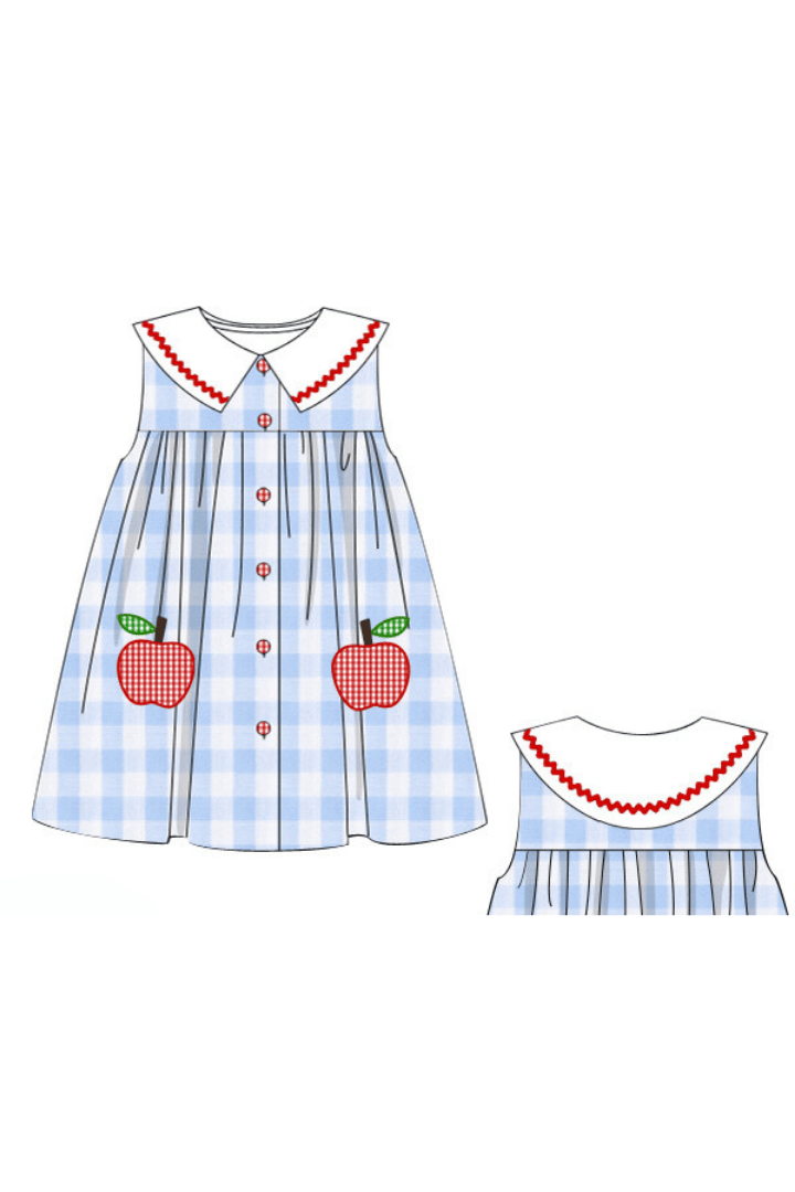 The Smocked Flamingo Apparel & Accessories Pre-Order Blue Gingham Apple Applique Dress