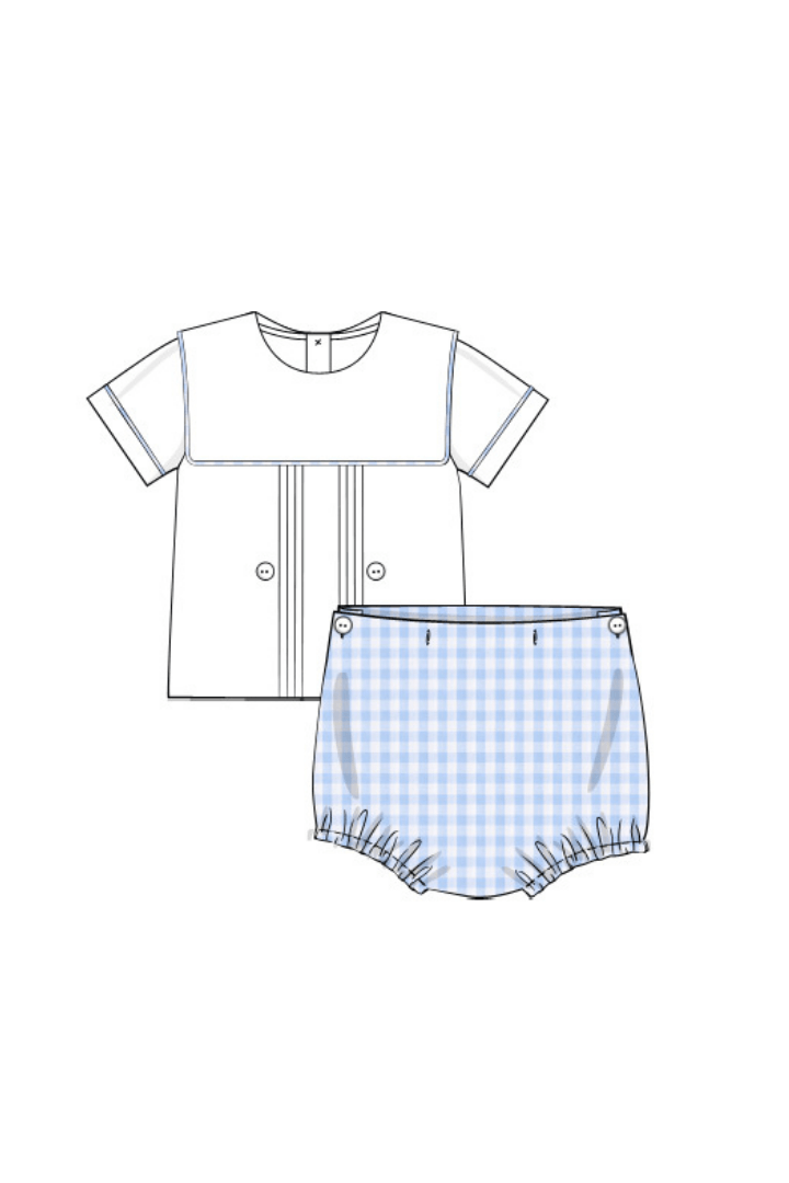 The Smocked Flamingo Apparel & Accessories Pre-Order Blue Gingham Button Diaper Set