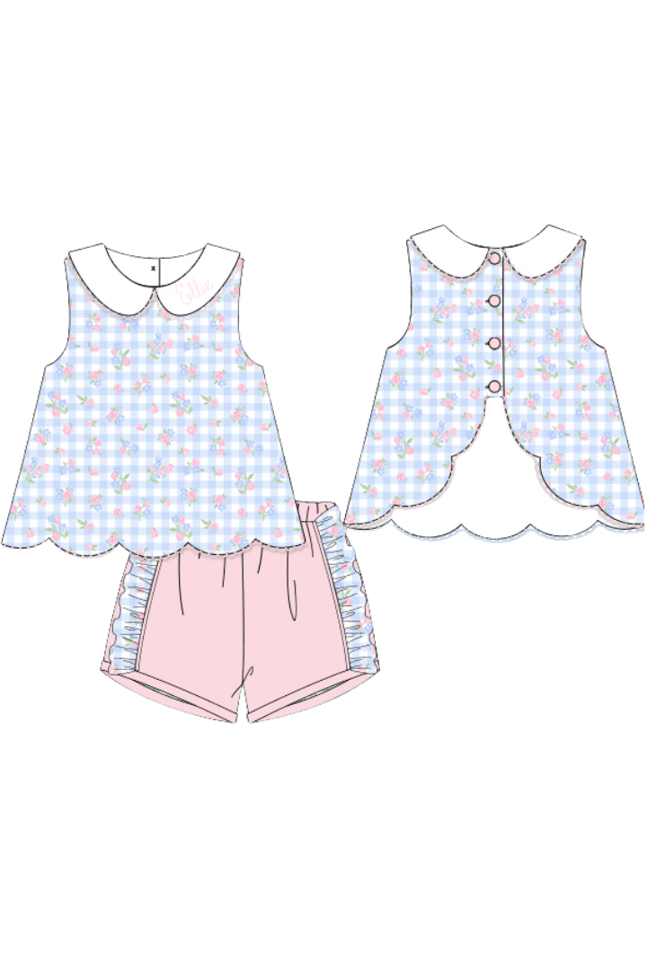 The Smocked Flamingo Apparel & Accessories Pre-Order Blue Gingham Floral Sun Short Set