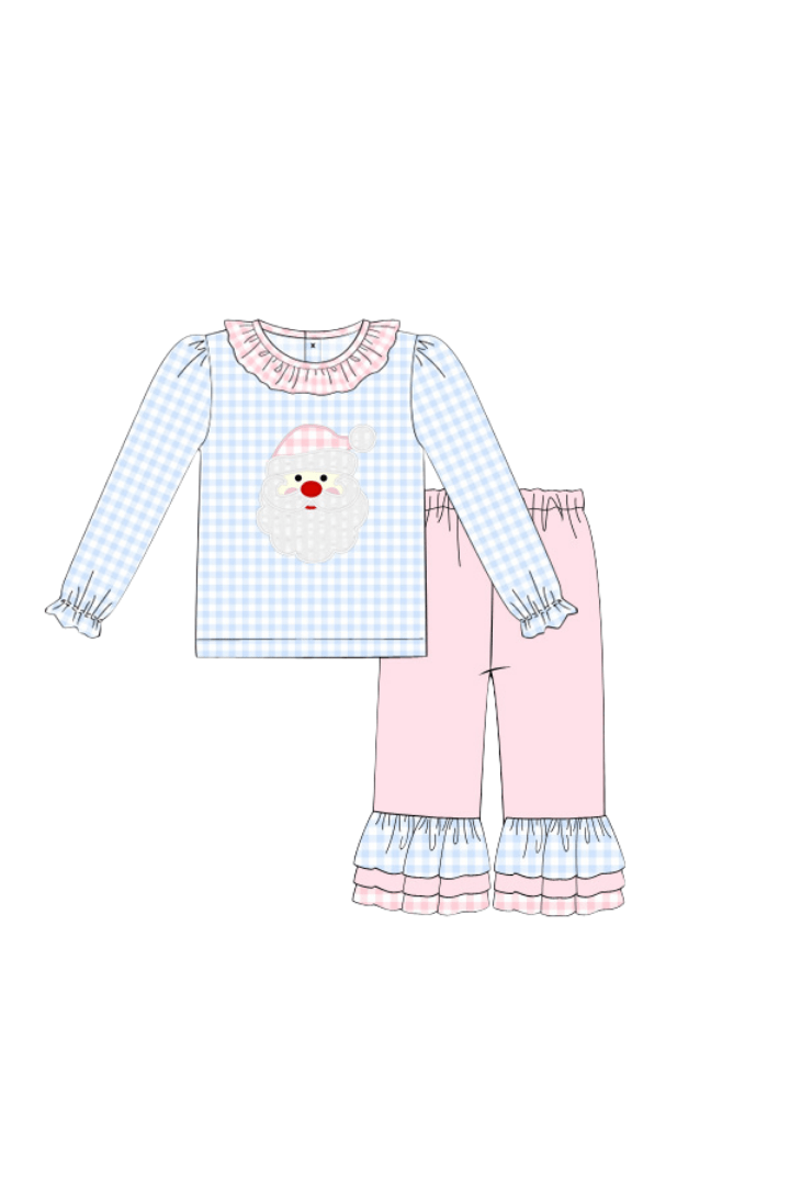 The Smocked Flamingo Apparel & Accessories Pre-Order Blue Gingham Knit Applique Santa Pant Set