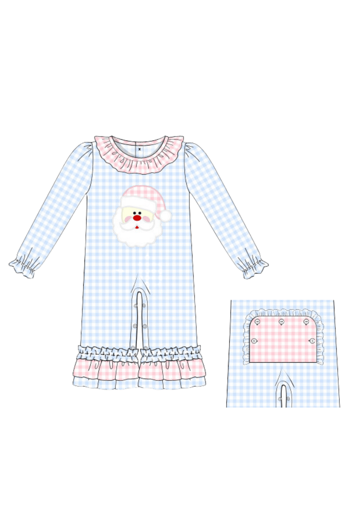 The Smocked Flamingo Apparel & Accessories Pre-Order Blue Gingham Knit Applique Santa Romper