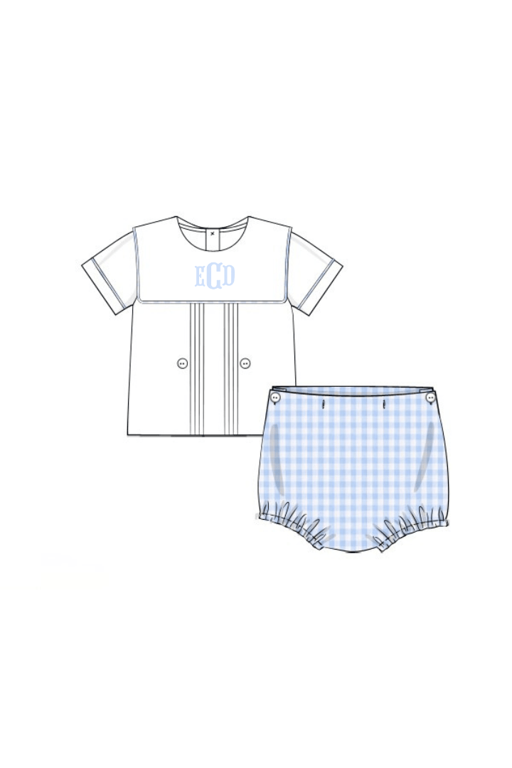 The Smocked Flamingo Apparel & Accessories Pre-Order Blue Gingham Peter Bib Button Diaper Set