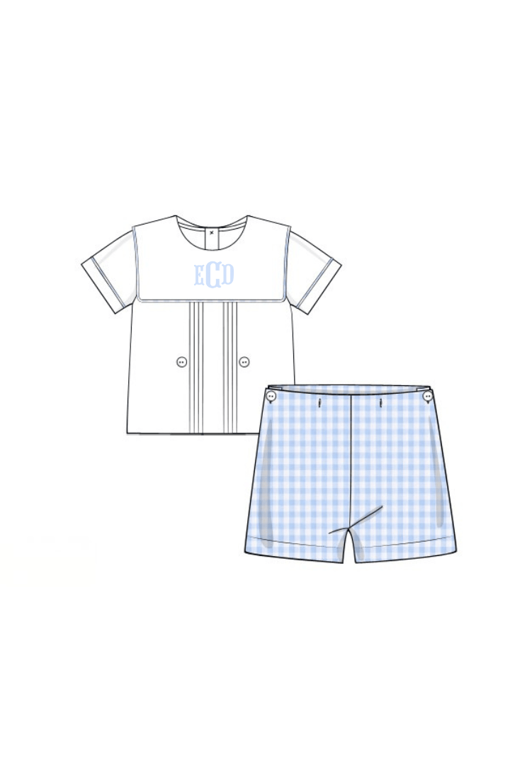 The Smocked Flamingo Apparel & Accessories Pre-Order Blue Gingham Peter Bib Button Short Set