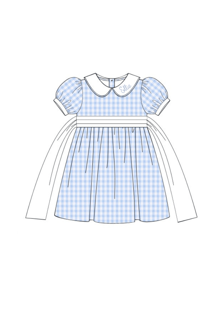 The Smocked Flamingo Apparel & Accessories Pre-Order Blue Gingham Peter Pan Bow Dress