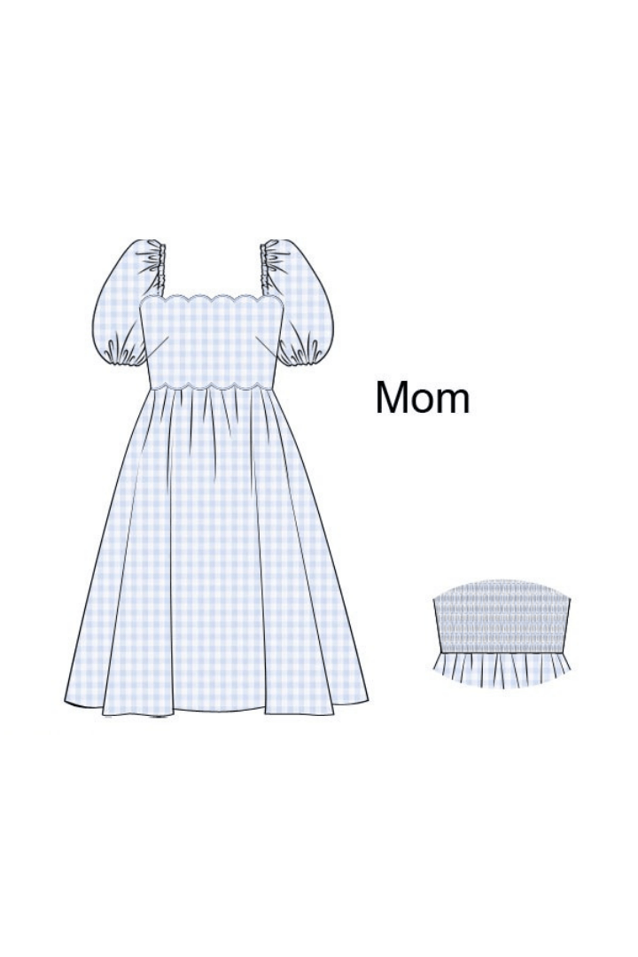 The Smocked Flamingo Apparel & Accessories Pre-Order Blue Gingham Scalloped Smocked Mom Dress