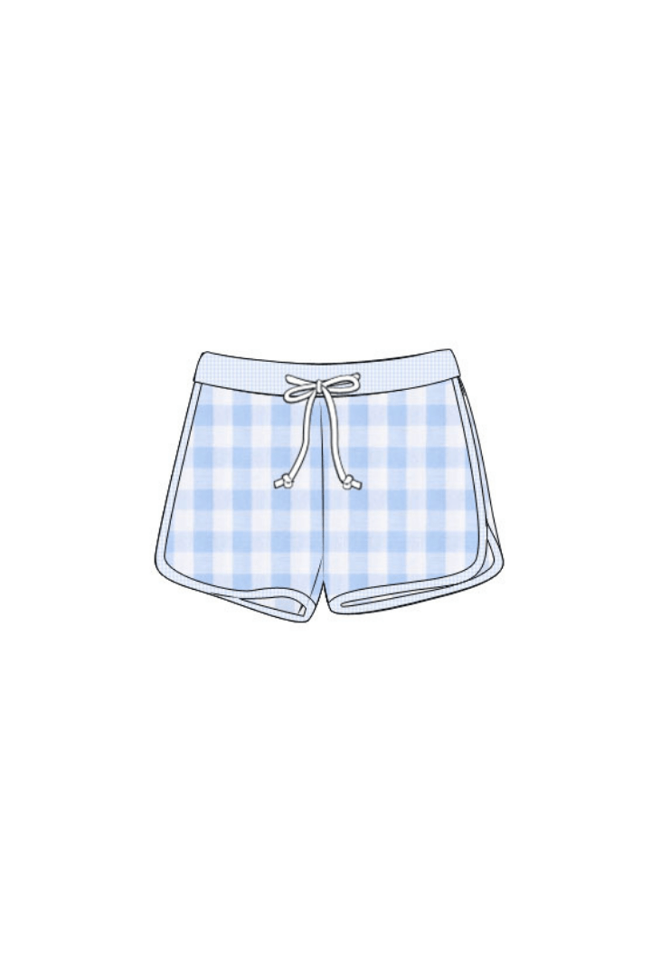 The Smocked Flamingo Apparel & Accessories Pre-Order Blue Gingham Swim Trunks