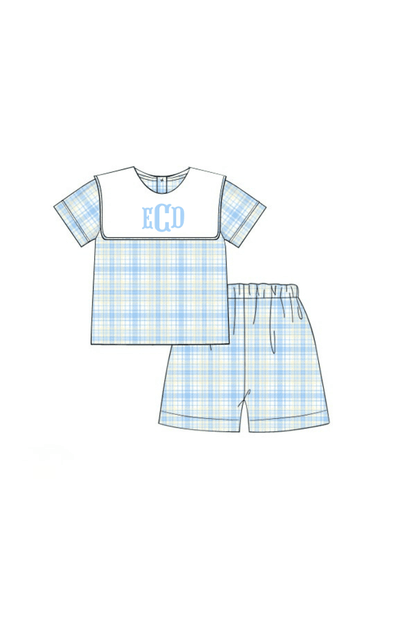 The Smocked Flamingo Apparel & Accessories Pre-Order Blue, Green and Yellow Plaid Bib Short Set
