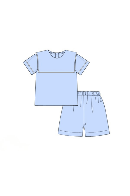 The Smocked Flamingo Apparel & Accessories Pre-Order Blue Linen Bib Short Set