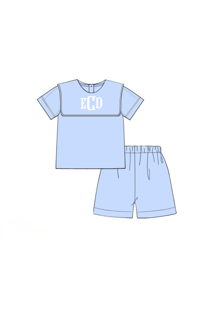 The Smocked Flamingo Apparel & Accessories Pre-Order Blue Linen Bib Short Set