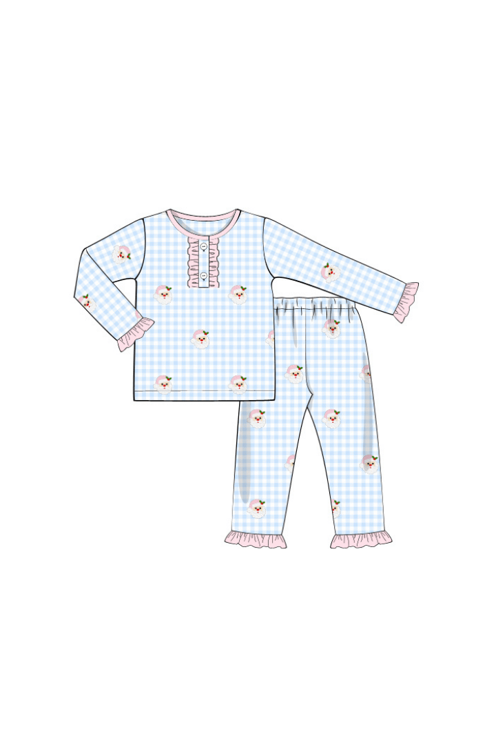 The Smocked Flamingo Apparel & Accessories Pre-Order Blue/Pink Embroidered Santa Lounge Set