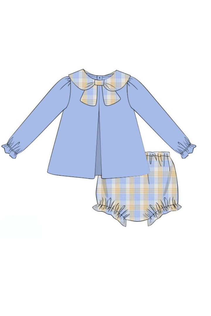The Smocked Flamingo Apparel & Accessories Pre-Order Blue Plaid Corduroy Bloomer Set