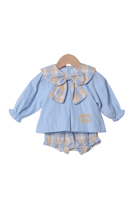 The Smocked Flamingo Apparel & Accessories Pre-Order Blue Plaid Corduroy Bloomer Set