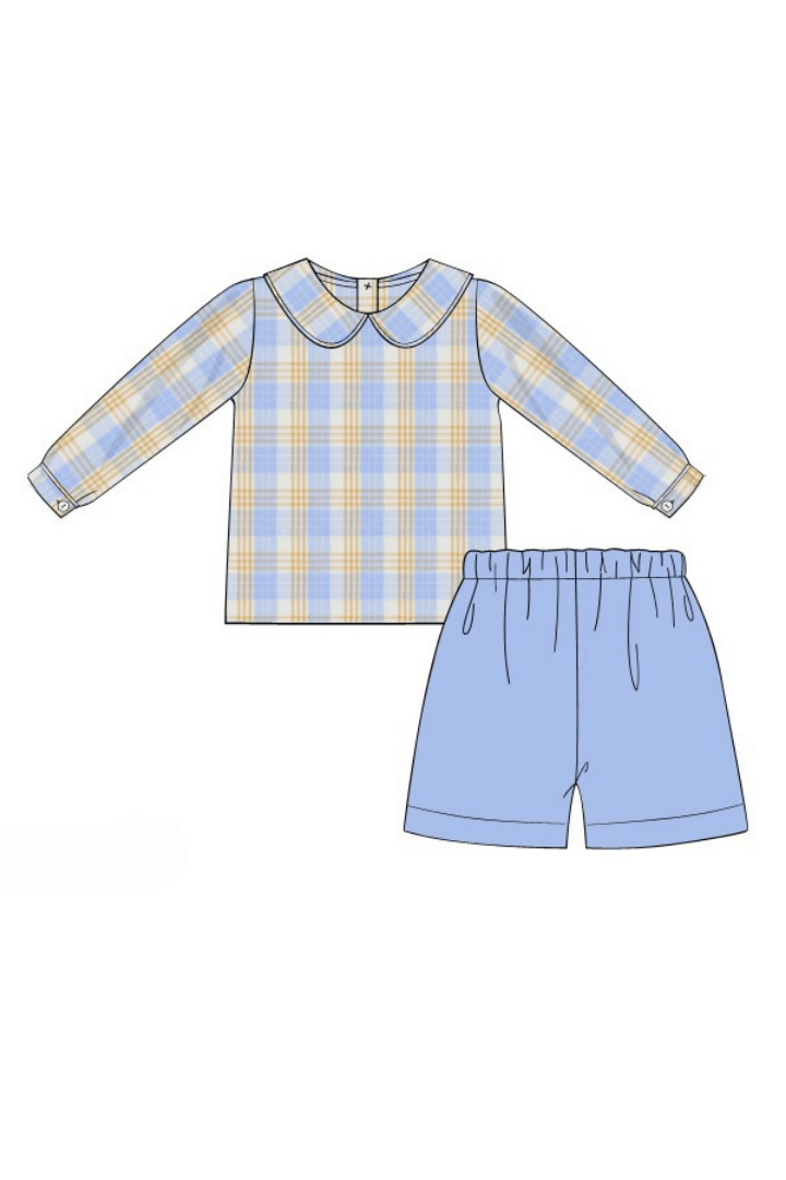 The Smocked Flamingo Apparel & Accessories Pre-Order Blue Plaid Corduroy Short Set