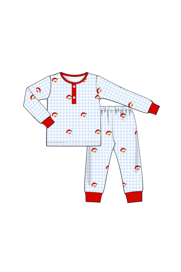 The Smocked Flamingo Apparel & Accessories Pre-Order Blue/Red Embroidered Santa Lounge Set