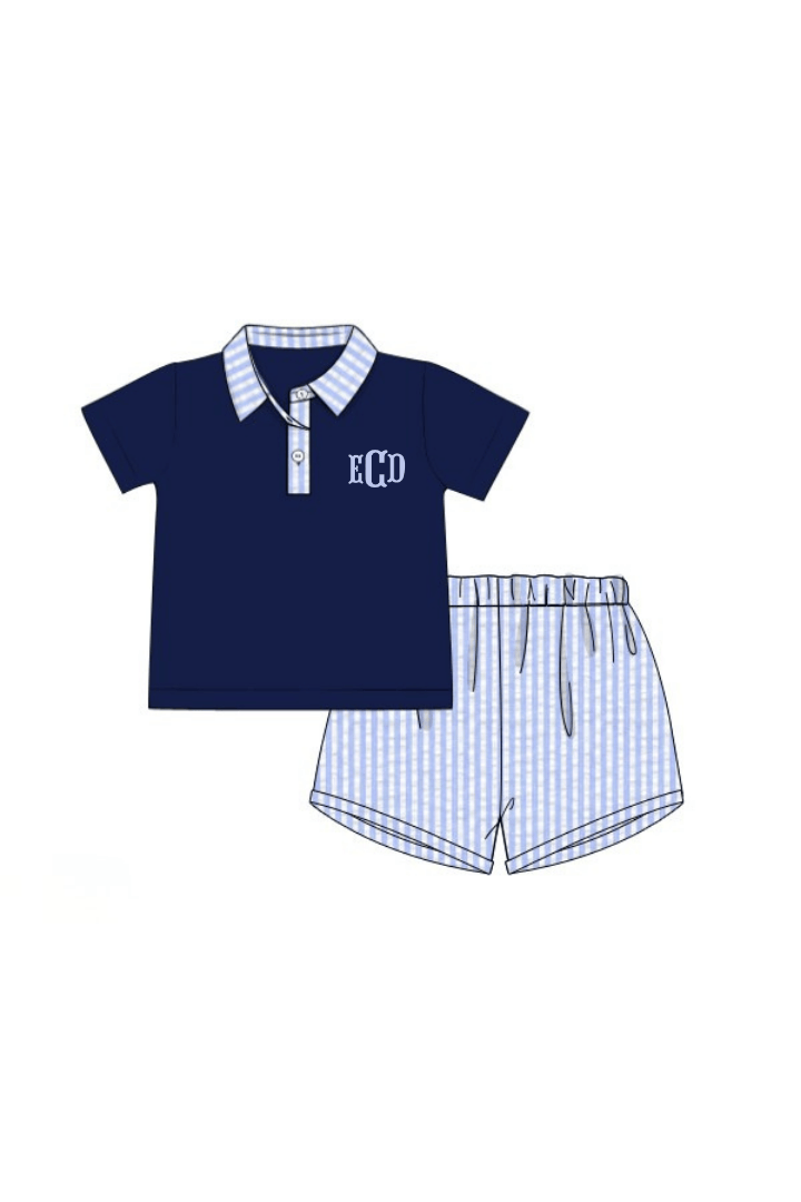 The Smocked Flamingo Apparel & Accessories Pre-Order Blue Seersucker Classic Polo Short Set