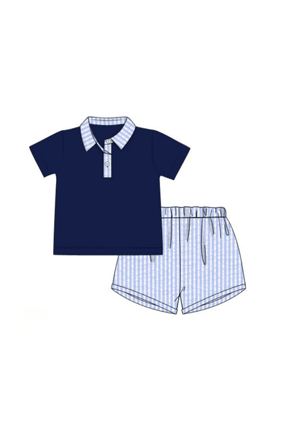 The Smocked Flamingo Apparel & Accessories Pre-Order Blue Seersucker Classic Polo Short Set