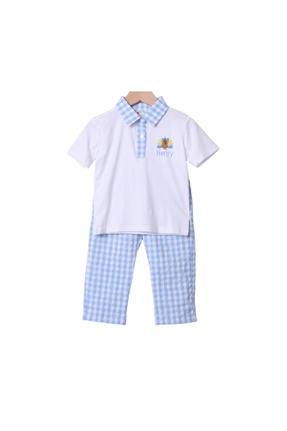 The Smocked Flamingo Apparel & Accessories Pre-Order Blue Seersucker Turkey Pant Set