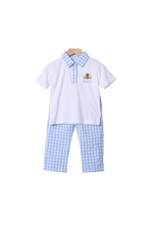 The Smocked Flamingo Apparel & Accessories Pre-Order Blue Seersucker Turkey Pant Set
