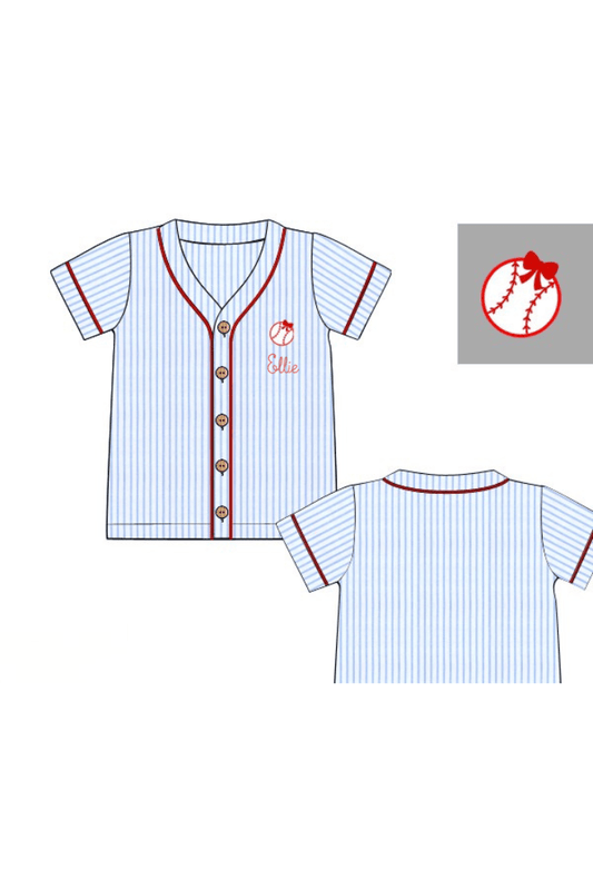 The Smocked Flamingo Apparel & Accessories Pre-Order Blue Stripe Baseball Bow Jersey