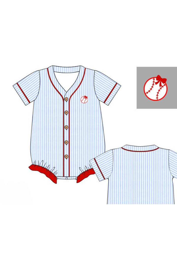 The Smocked Flamingo Apparel & Accessories Pre-Order Blue Stripe Baseball Jersey Bow Bubble