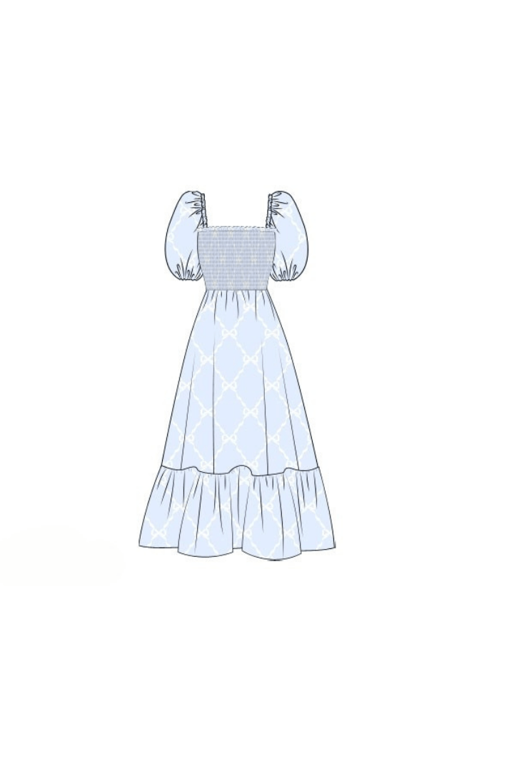 The Smocked Flamingo Apparel & Accessories Pre-Order Blue Trellis Matching Mom Dress