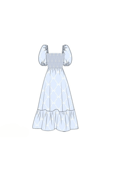 The Smocked Flamingo Apparel & Accessories Pre-Order Blue Trellis Matching Mom Dress