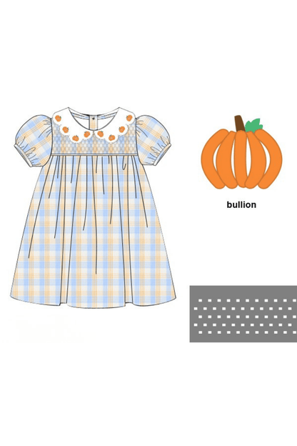 The Smocked Flamingo Apparel & Accessories Pre-Order Bullion Pumpkin Blue and Orange Plaid Dress