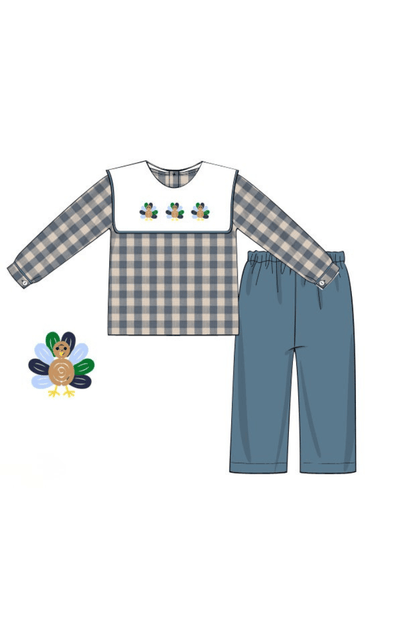 The Smocked Flamingo Apparel & Accessories Pre-Order Bullion Turkey Blue Linen Gingham Pant Set