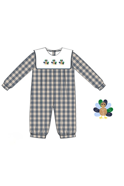 The Smocked Flamingo Apparel & Accessories Pre-Order Bullion Turkey Blue Linen Gingham Romper