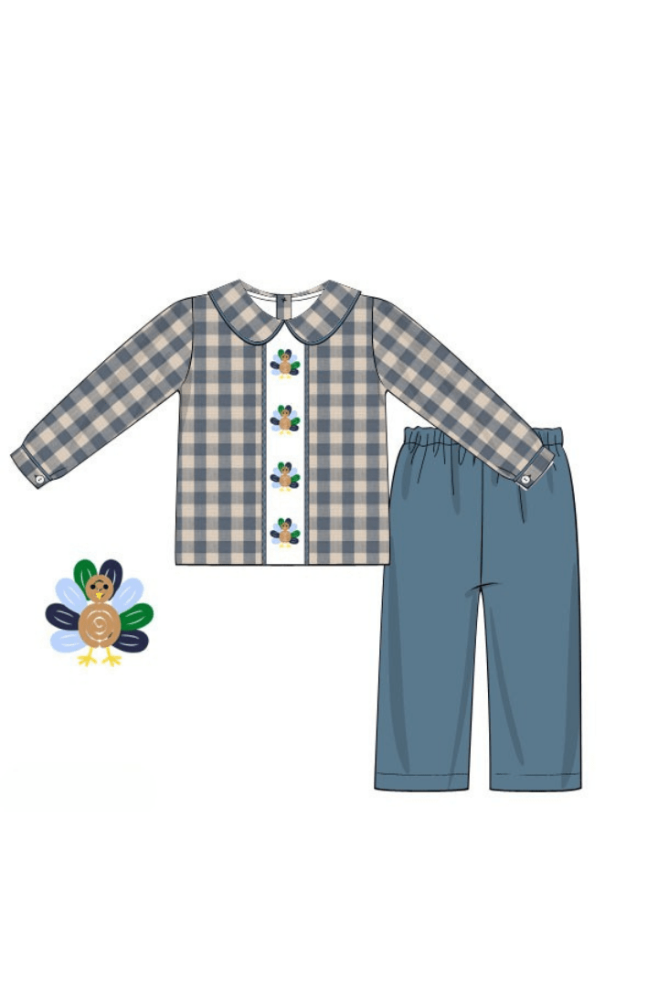 The Smocked Flamingo Apparel & Accessories Pre-Order Bullion Turkey Stone Blue Gingham Pant Set