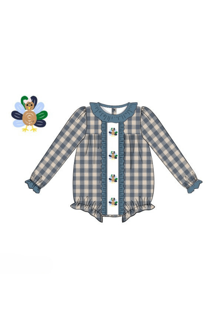 The Smocked Flamingo Apparel & Accessories Pre-Order Bullion Turkey Stone Blue Gingham Ruffle Bubble