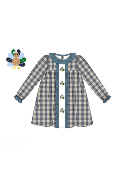The Smocked Flamingo Apparel & Accessories Pre-Order Bullion Turkey Stone Blue Gingham Ruffle Dress