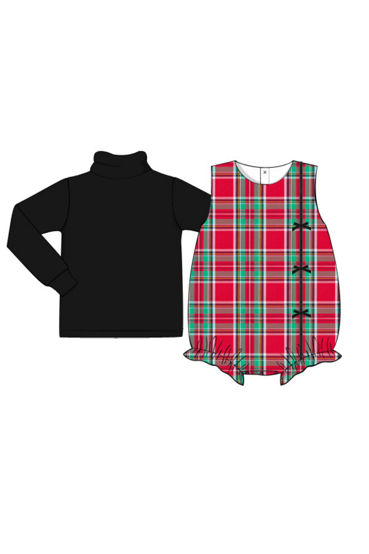 The Smocked Flamingo Apparel & Accessories Pre-Order Christmas Plaid Black Bow Bubble and Turtleneck