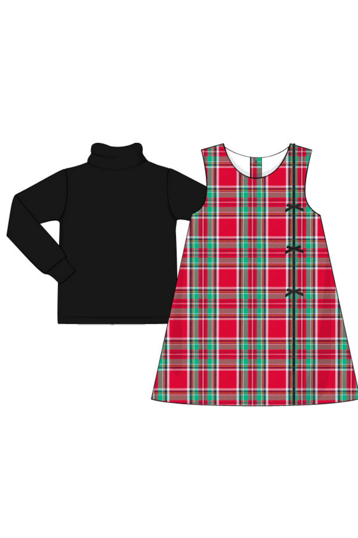 The Smocked Flamingo Apparel & Accessories Pre-Order Christmas Plaid Black Bow Dress and Turtleneck