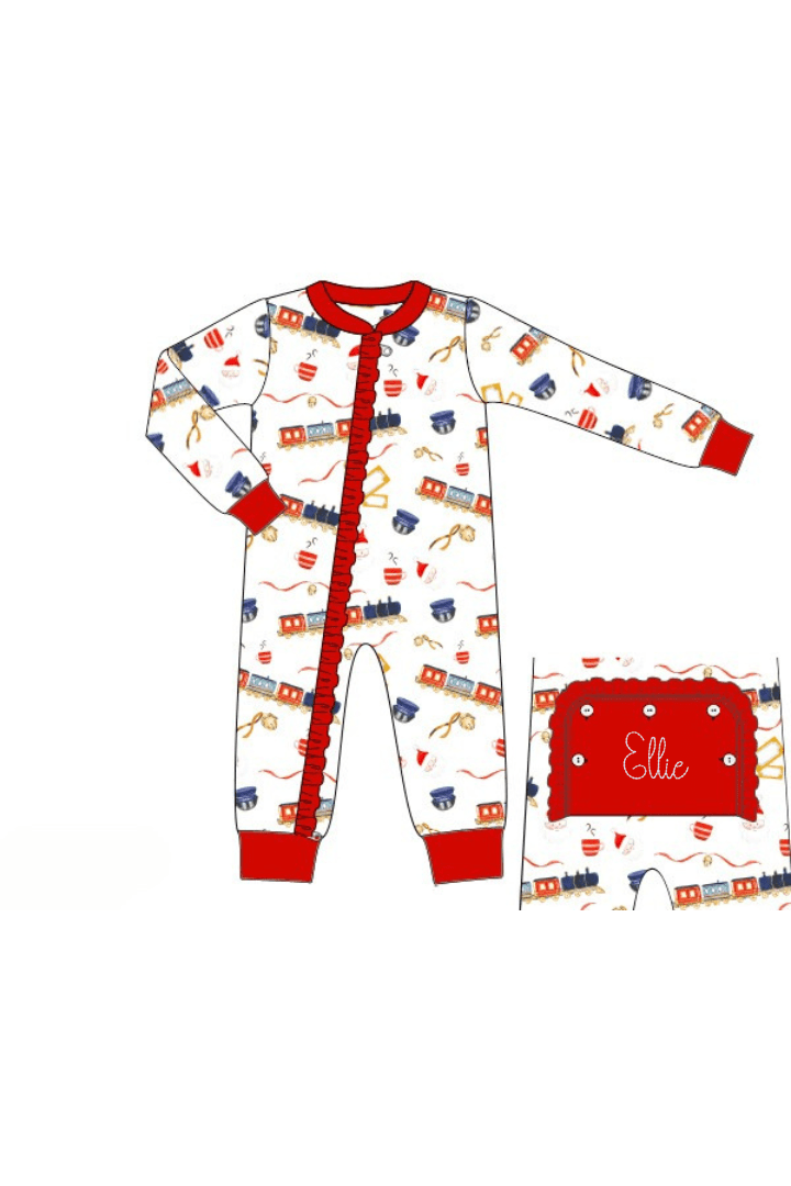 The Smocked Flamingo Apparel & Accessories Pre-Order Christmas Train Zippy Ruffle Pajamas