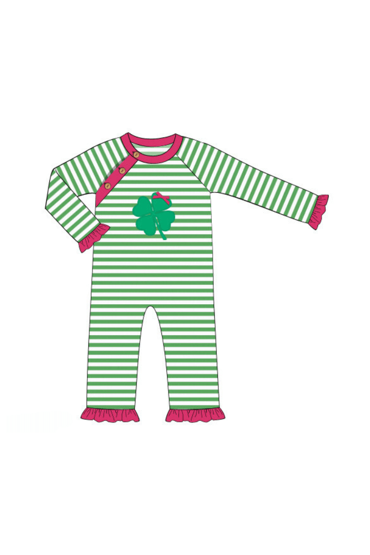 The Smocked Flamingo Apparel & Accessories Pre-Order Clover Applique Green Stripe Romper