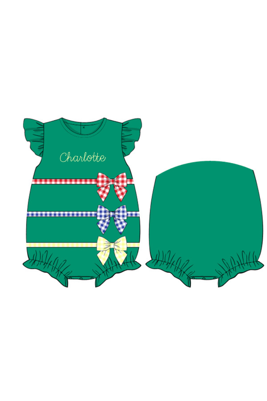 The Smocked Flamingo Apparel & Accessories Pre-Order Color Block Gingham Bow Green Knit Bubble