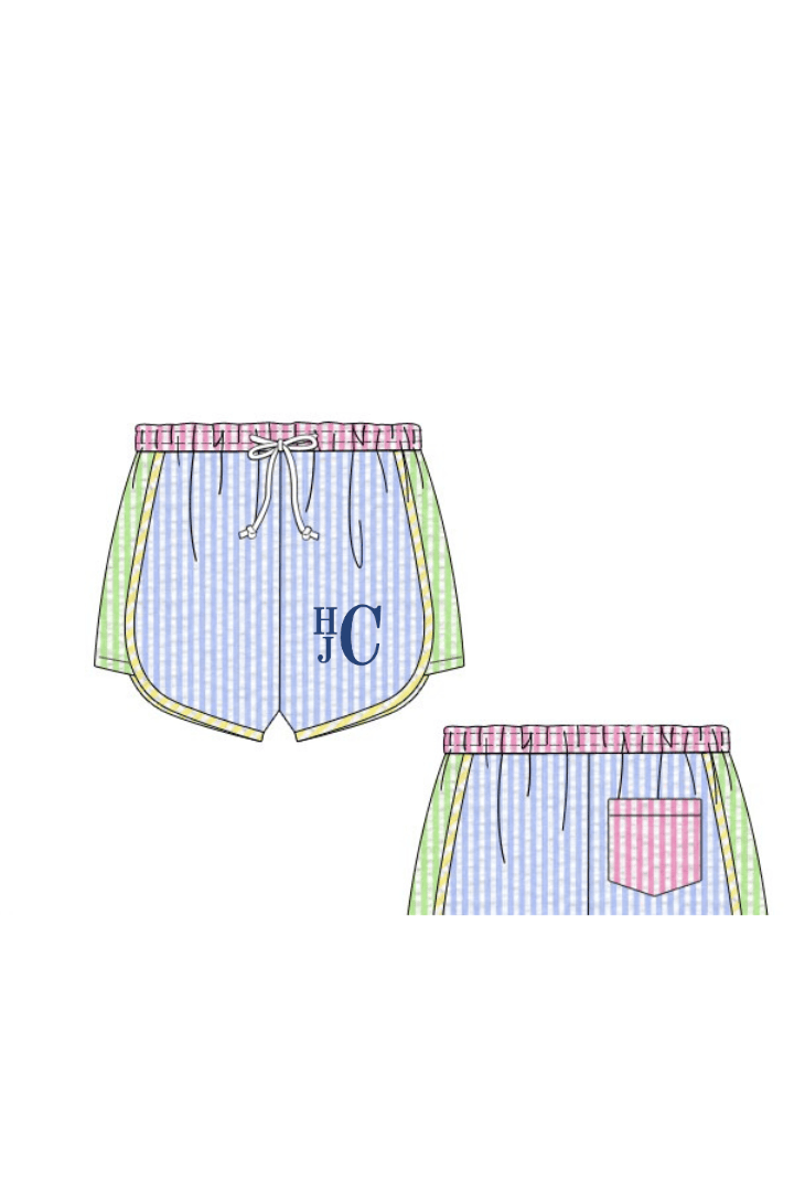 The Smocked Flamingo Apparel & Accessories Pre-Order Color Block Seersucker Swim Trunk