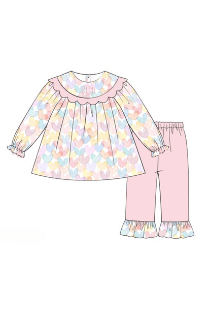 The Smocked Flamingo Apparel & Accessories Pre-Order Colorful Hearts Scalloped Pant Set