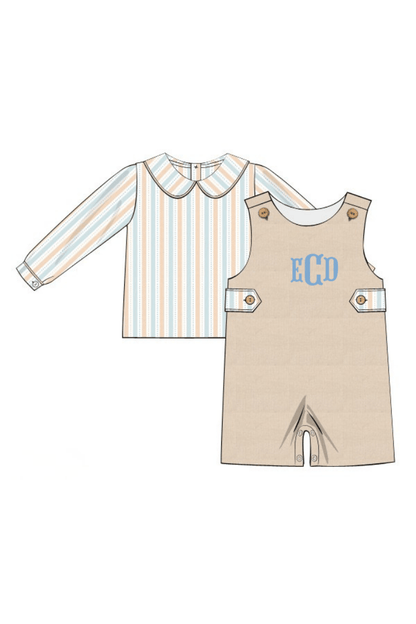 The Smocked Flamingo Apparel & Accessories Pre-Order Cream Corduroy Fall Striped Shirt 2Pc Jon jon