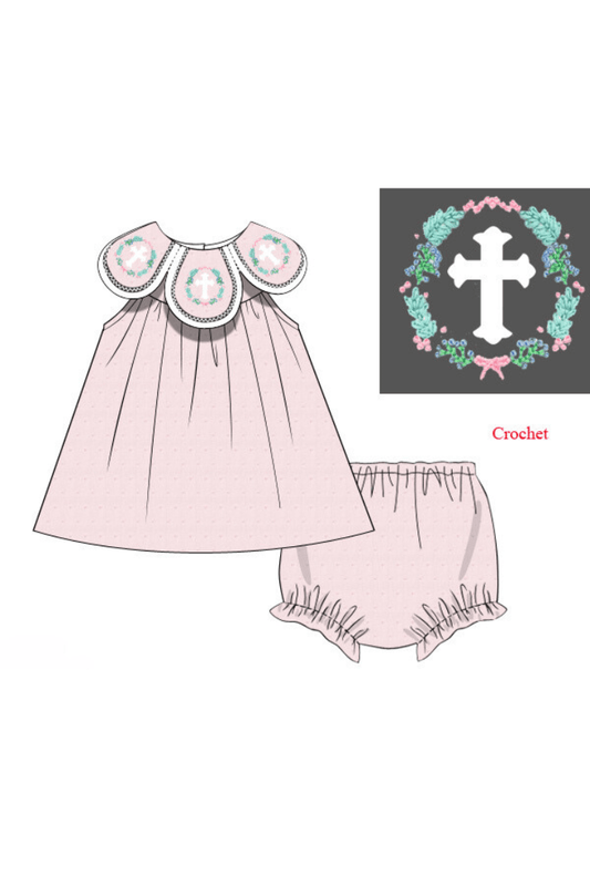 The Smocked Flamingo Apparel & Accessories Pre-Order Crochet Cross Pink Swiss Dot Bloomer Set